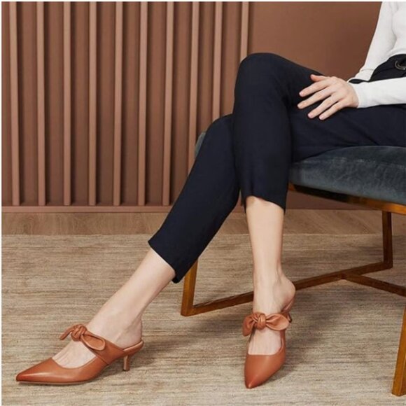 FOWT Shoes - FOWT Nude Pointed Toe Slip On Mule Bow Kitten Heel Backless Burnished Sandals